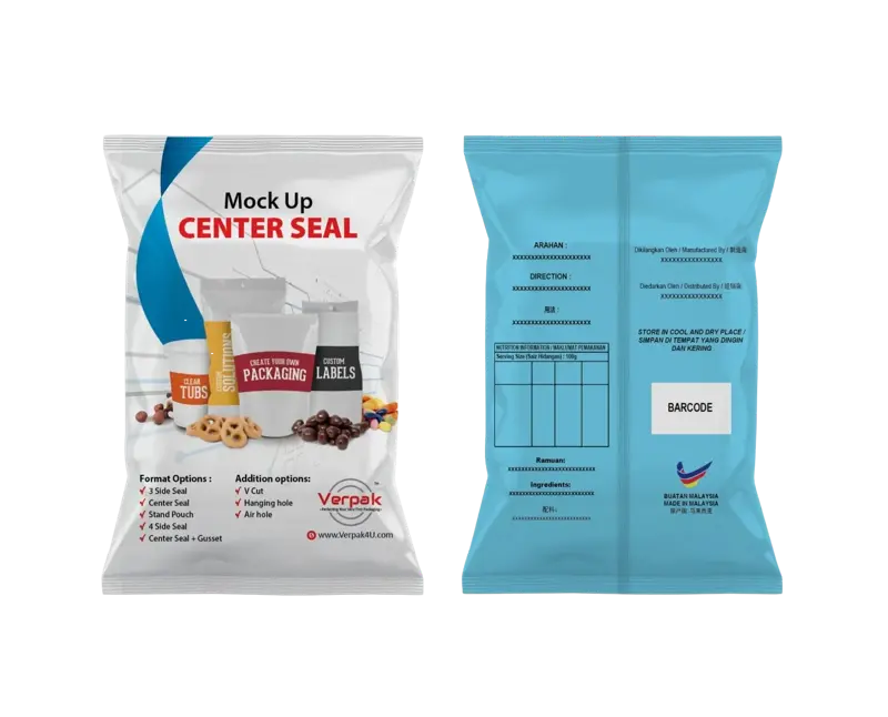 Center Seal Pouch - Classic vertical seal design custom flexible packaging Malaysia